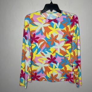LANDS END Rash Guard Womens XS Swim Shirt NEW Turquoise Multi Graphic Floral Tee